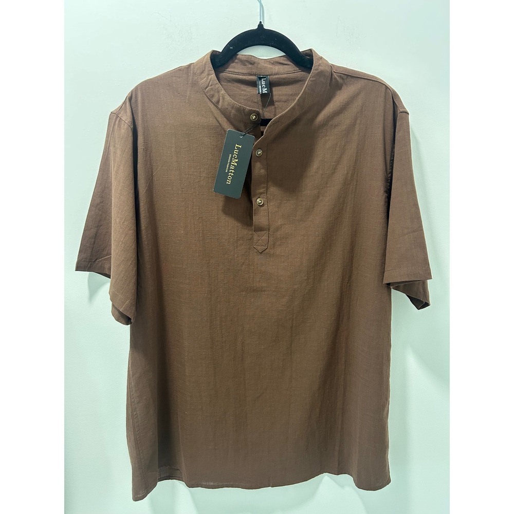 LucMatton NWT Brown Linen Cotton Blend Short Sleeve Henley Band Collar Top Large